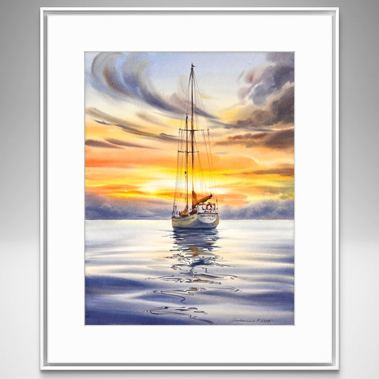 Original Sunset Sailboat Watercolor Painting, Yacht on Reflective Water Art,Golden hour on a yacht #2 12x16 in