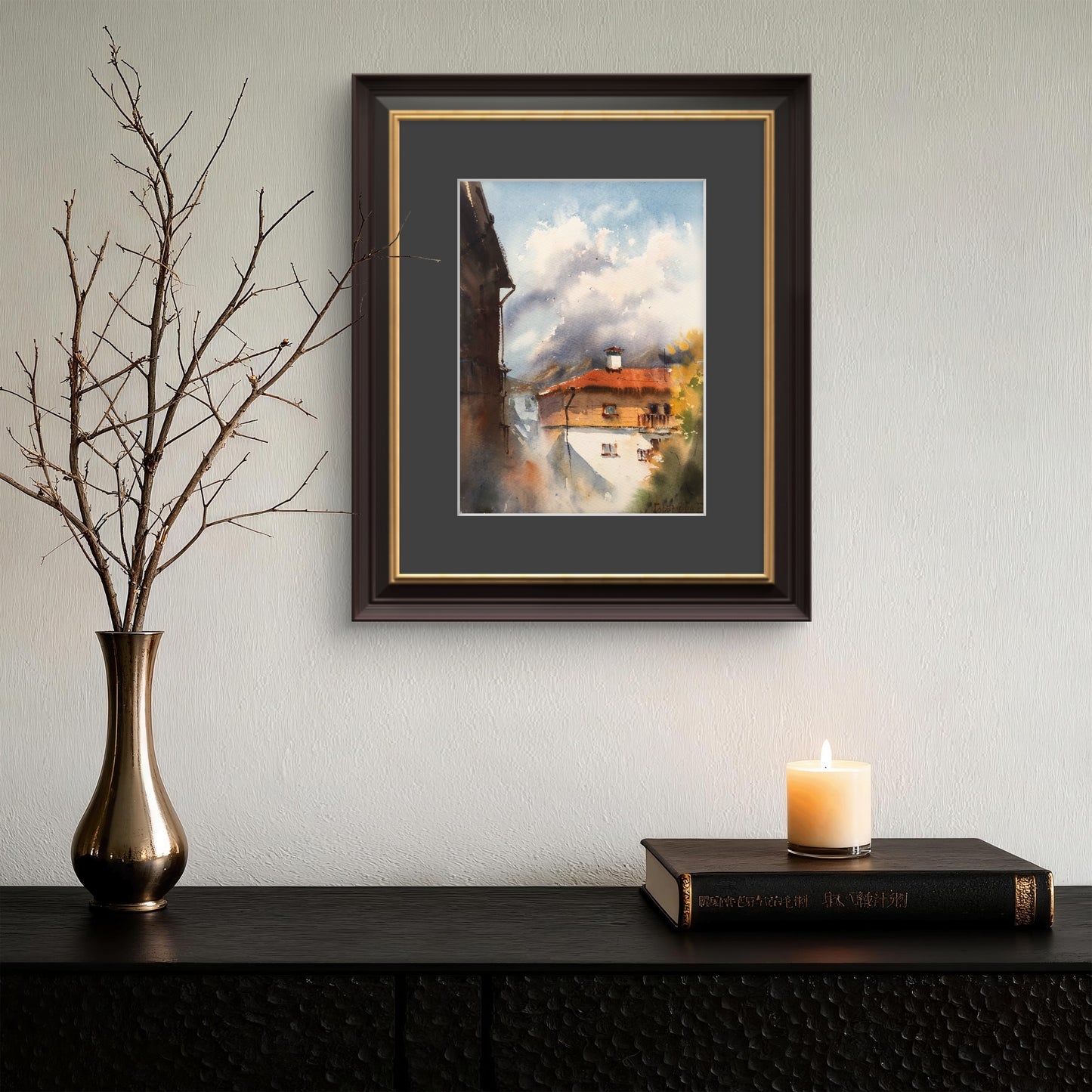 Mountain House Painting Watercolor Original, Chalet Artwork, Modern Landscape, Rosa Khutor, Sochi 12x16