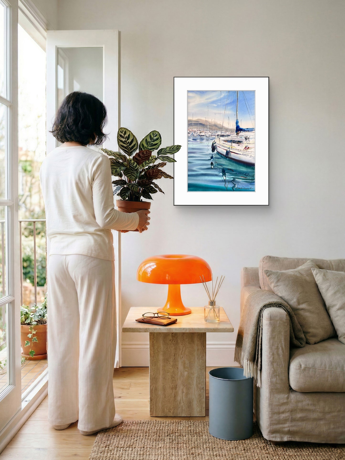 Sailboat Watercolor Painting, Coastal Marina Art, Waiting for the Wind 15x22