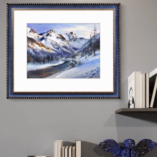 Original Mountain Landscape Watercolor, Snowy Alpine Peak Art, Blue Valley 12x16