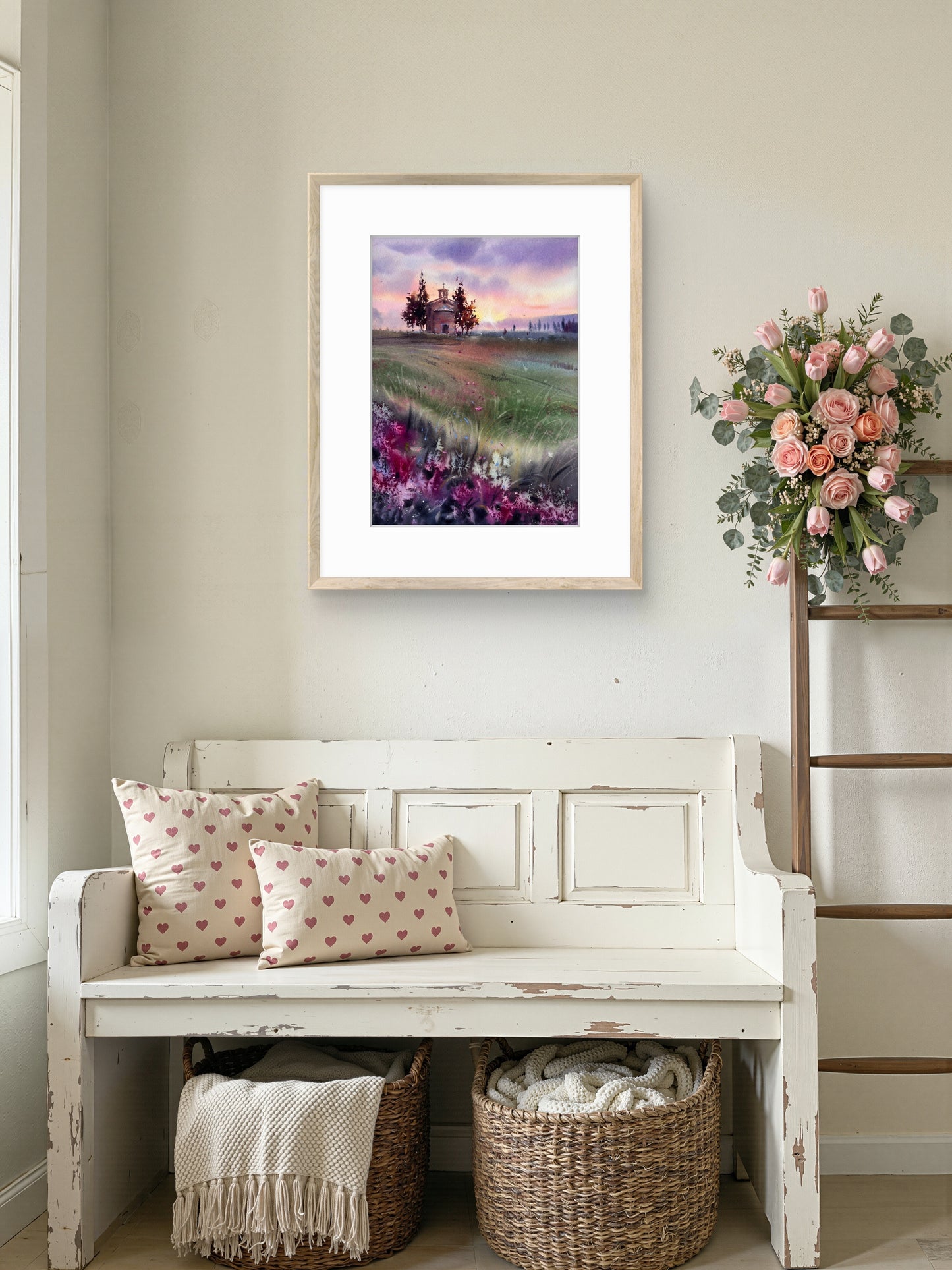 Tuscany Watercolor Painting Italy Landscape Art, Tuscan Chapel Glow 12x16