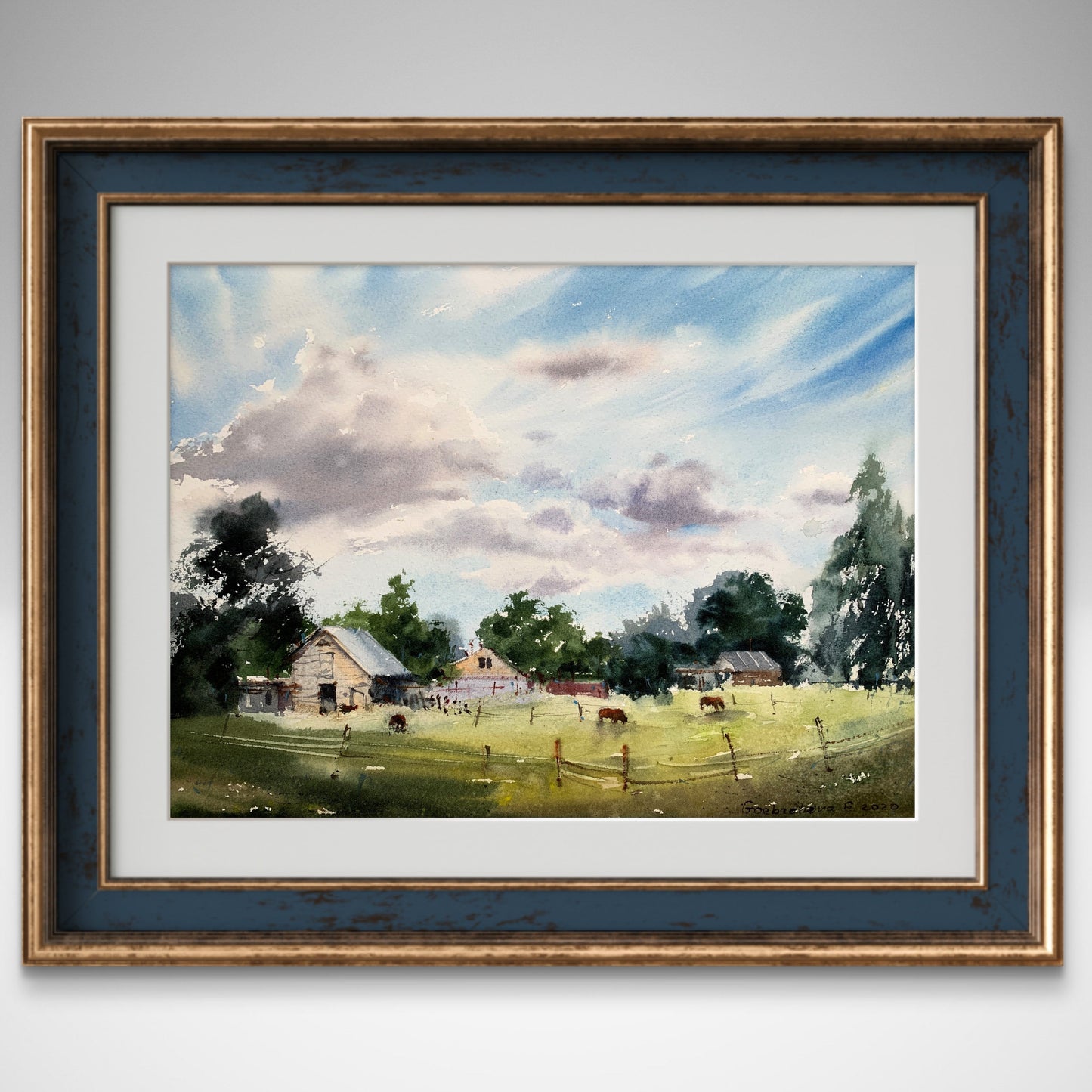 Summer Farm Painting Watercolor Original, Farmhouse Art Decor,  Scenery Painting, Morning on the Farm #2