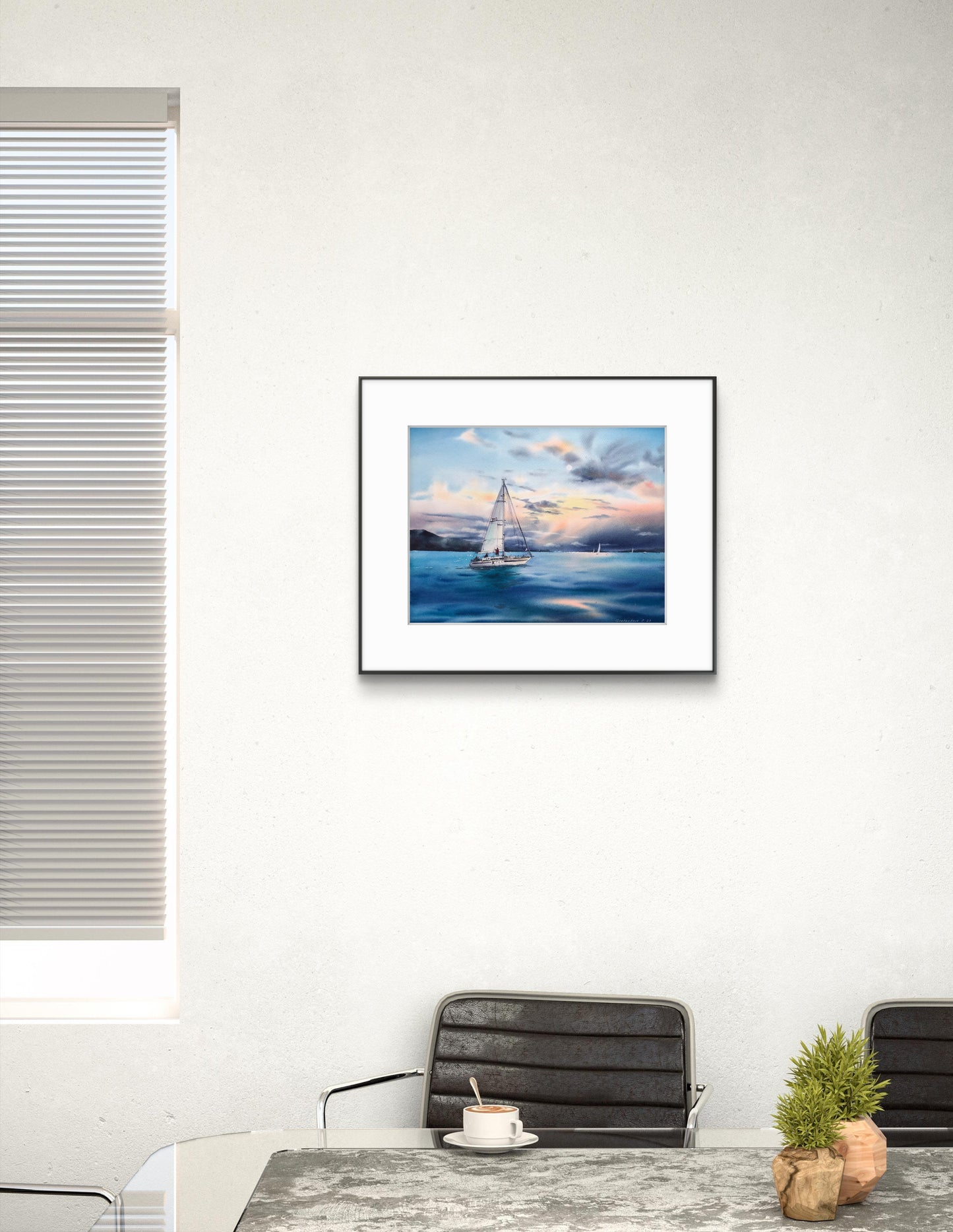 Original Sailboat Watercolor Painting, Ocean Sunset Art, Yacht in the sea at sunset #5