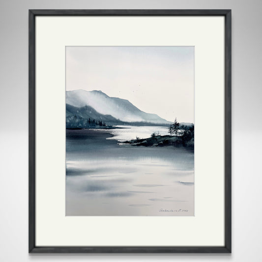 Mountain Lake #35 - Minimalist Watercolor Artwork with Forest and Lake