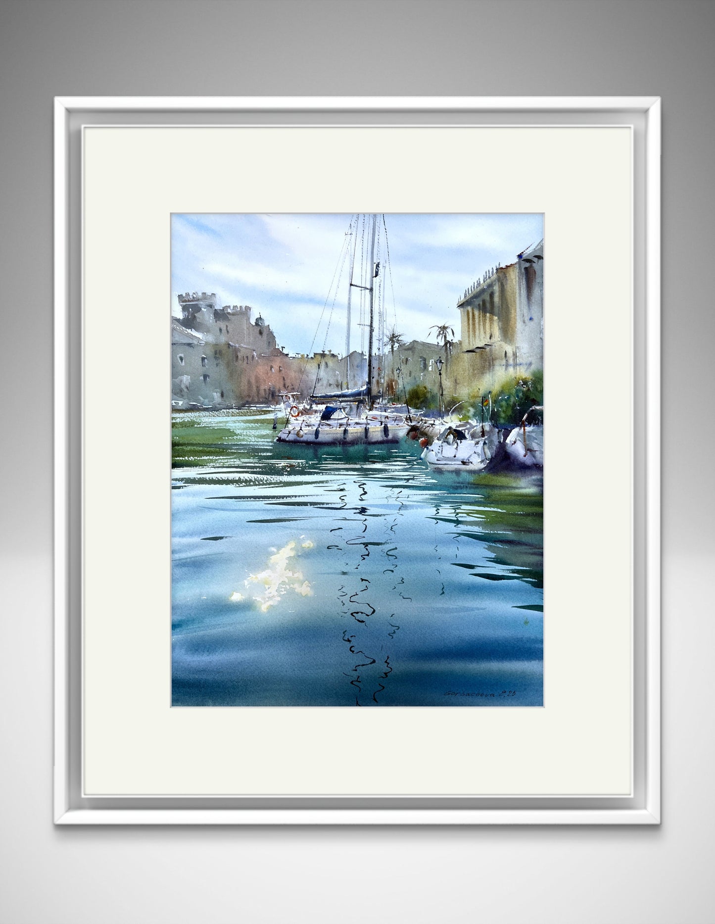 Original Watercolor Painting - Port Saplaya Sailboat Reflection - Nautical Artwork