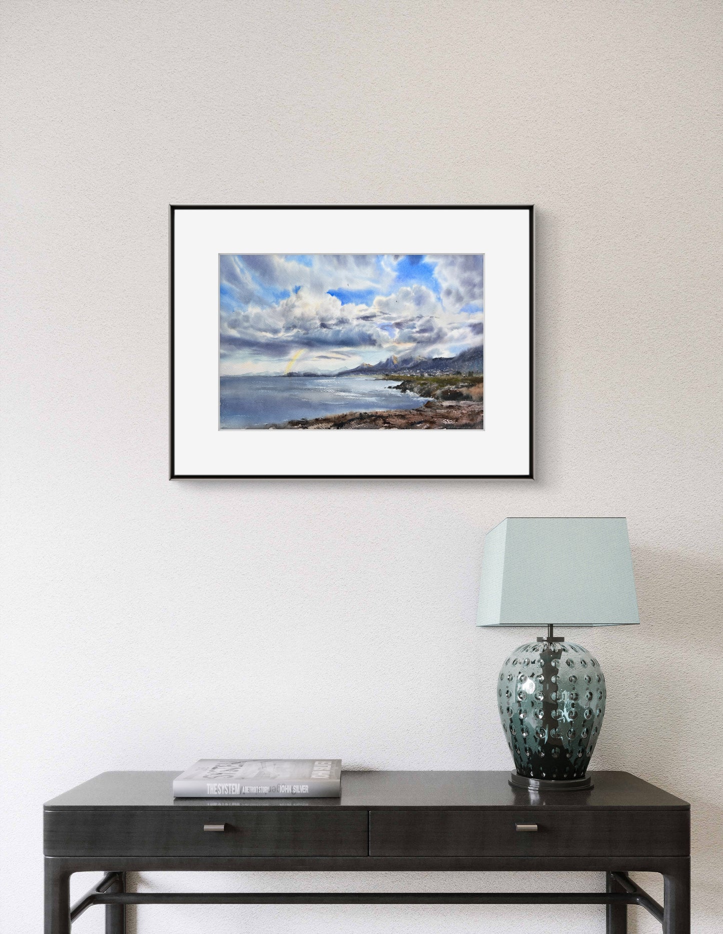 Sea Coast Painting 22x15 in, Original Watercolour, Rainbow Artwork,  Beach Home Wall Decor, Sea Coast of Cyprus Clouds #5 15x22