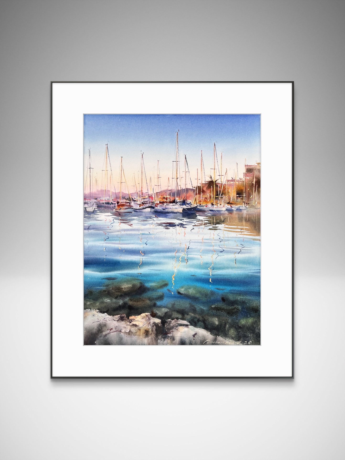Sailboat Harbor Watercolor, Coastal Marina Painting, The Quiet Marina 12x16 (Copy)