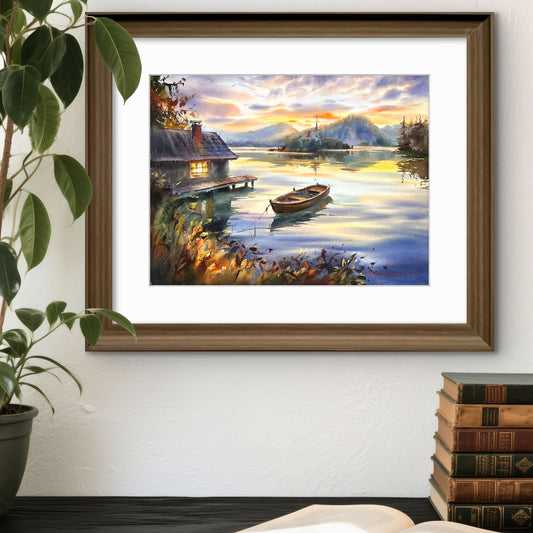 Acuarela de un lago al atardecer, arte original de un paisaje con barco, un barco solitario al atardecer 12x16