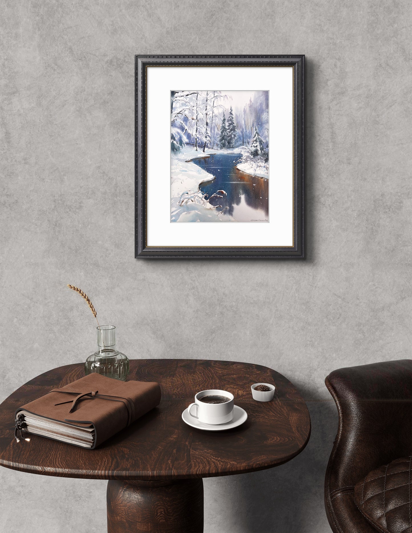 Original Winter Landscape Watercolor Painting, Snowy Forest River Art, Crystal Dawn 9x12