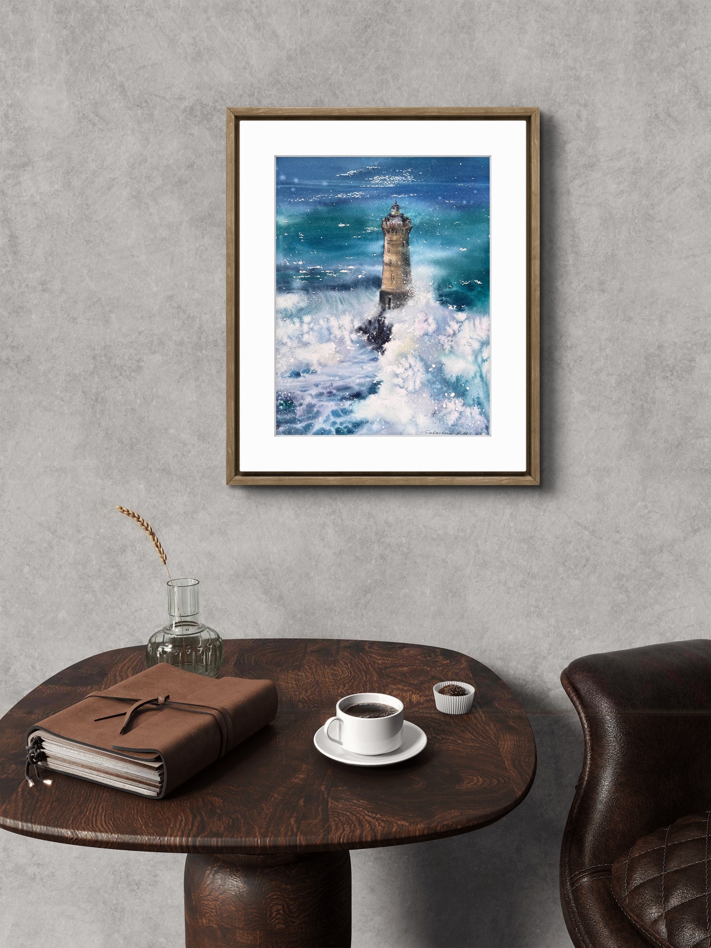 Dramatic Lighthouse Watercolor Painting, Ocean Storm Art, Silent Ocean Guardian 11x15
