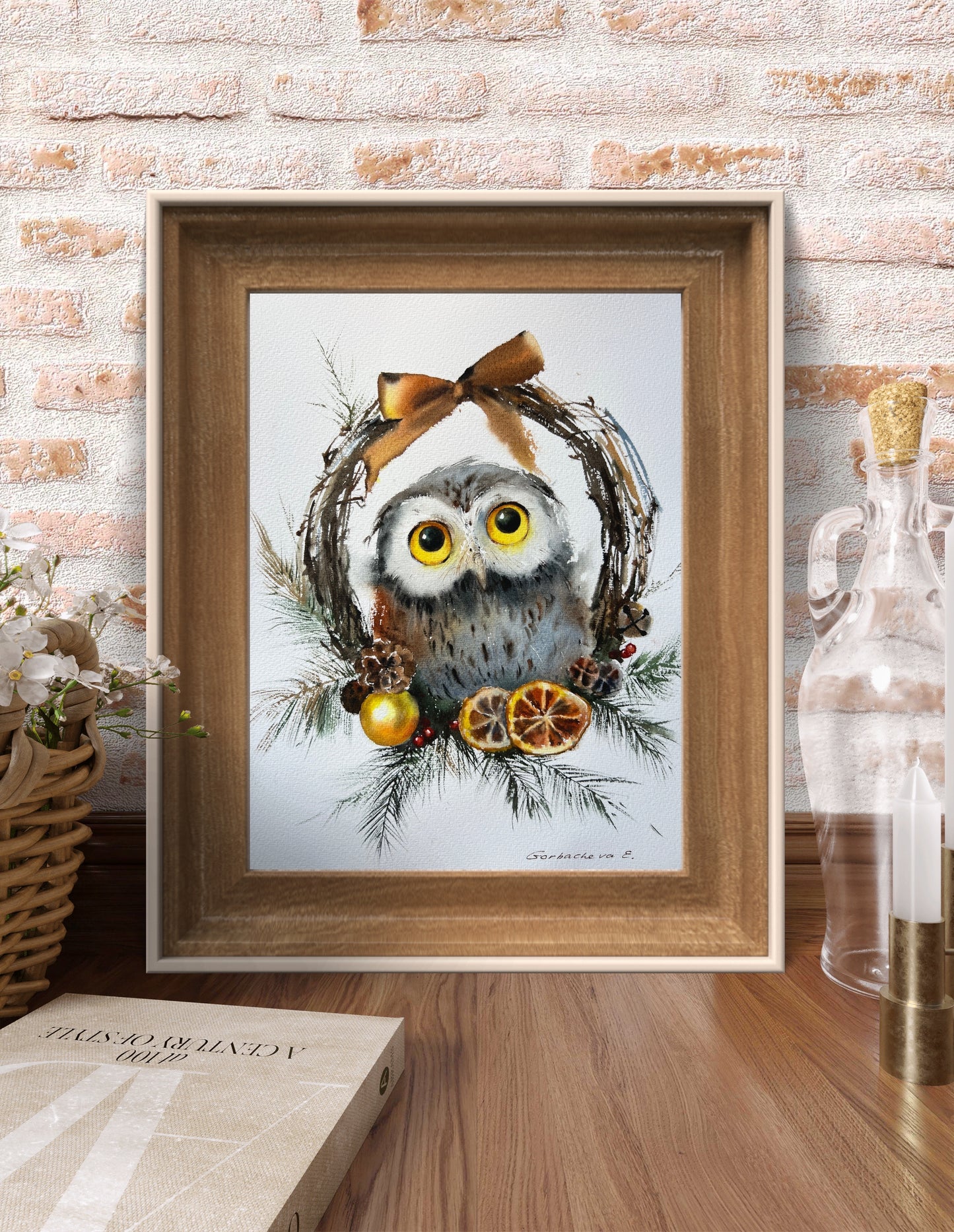 Owl and a Christmas Wreath - Original Watercolor Painting