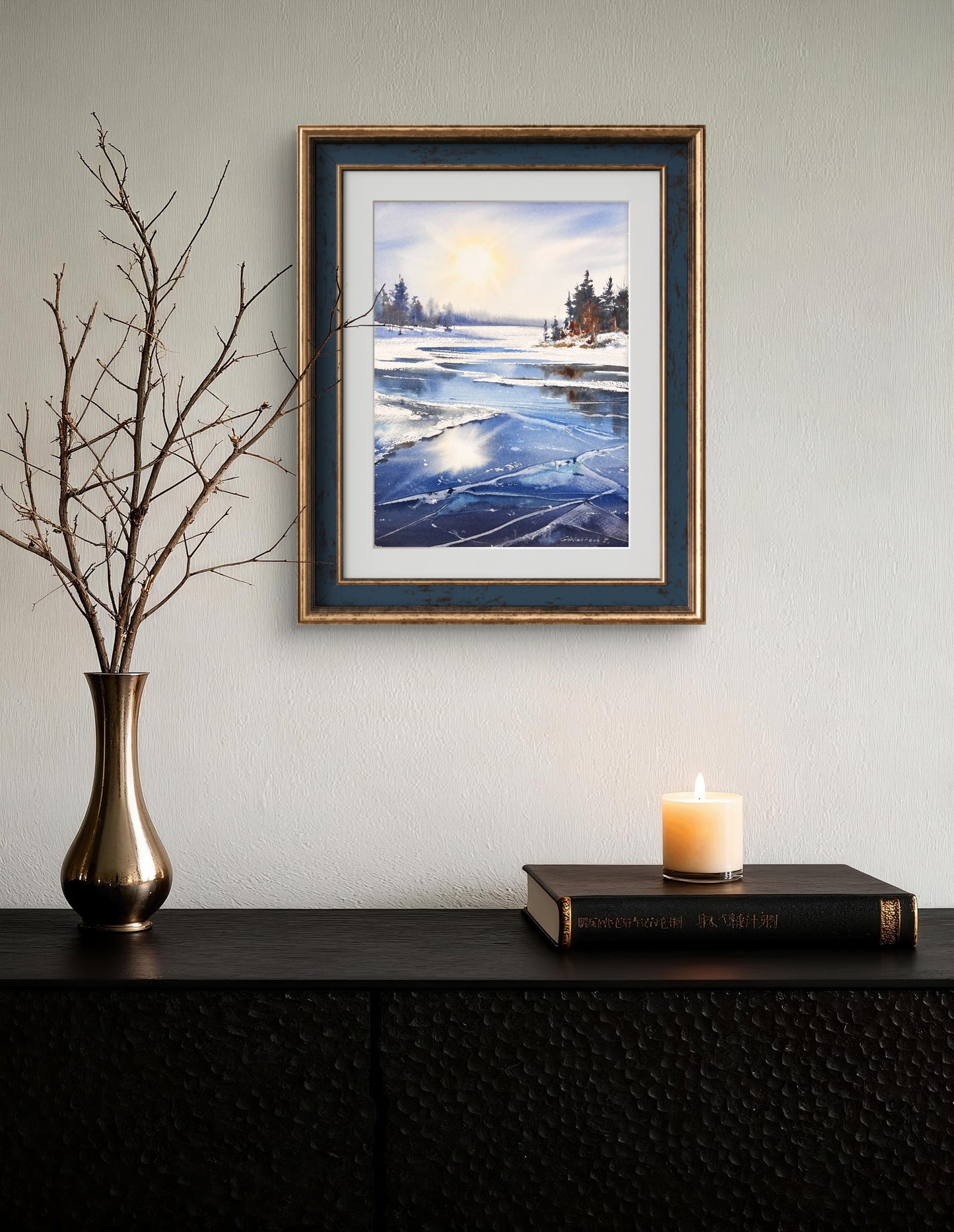 Original Frozen Lake Watercolor Painting, Sunlit Winter Ice Art, Sky on Ice 9x12