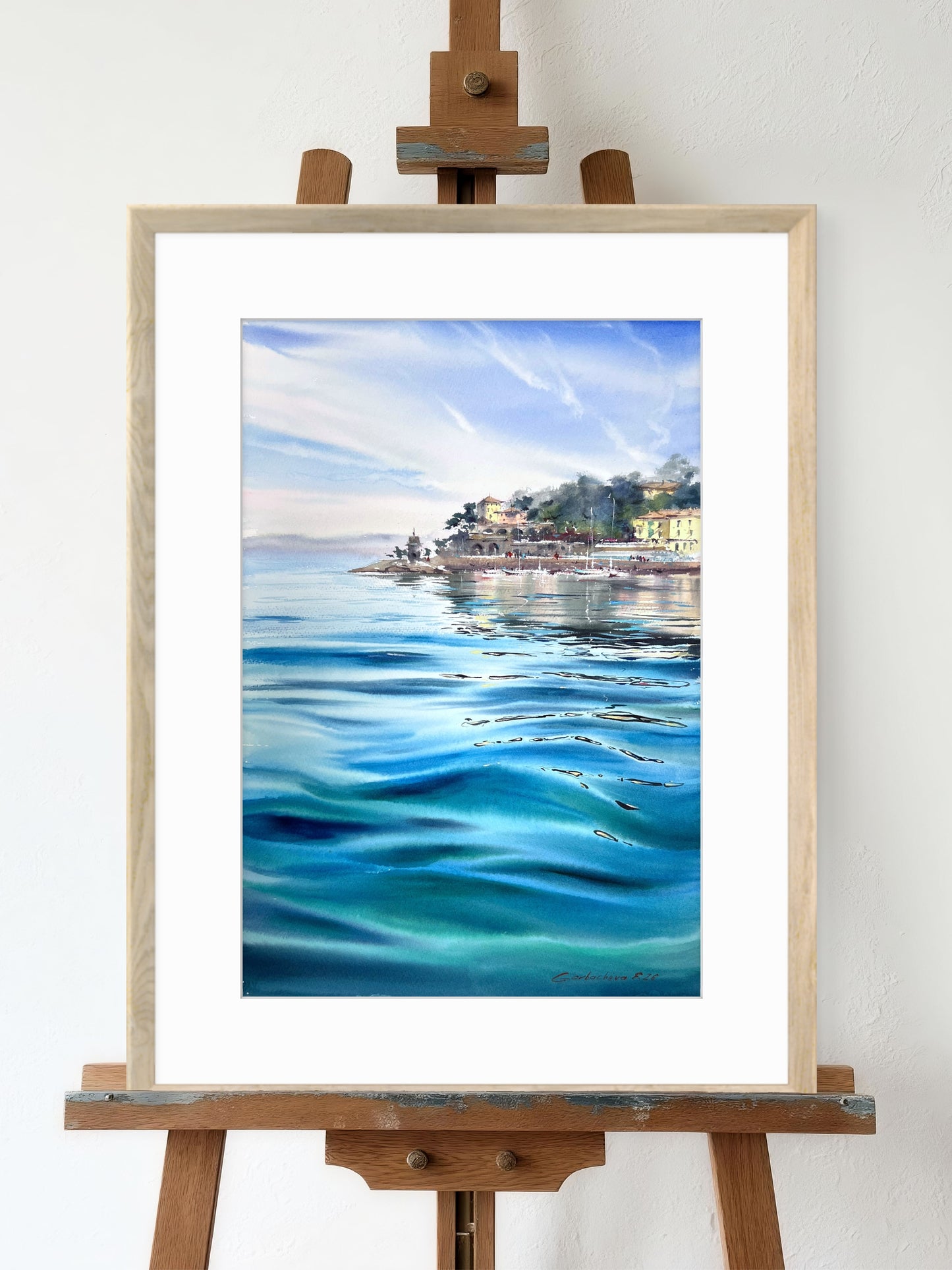 Recco Liguria Watercolor, Italian Riviera Seascape, Blue Waters of Recco 15x22