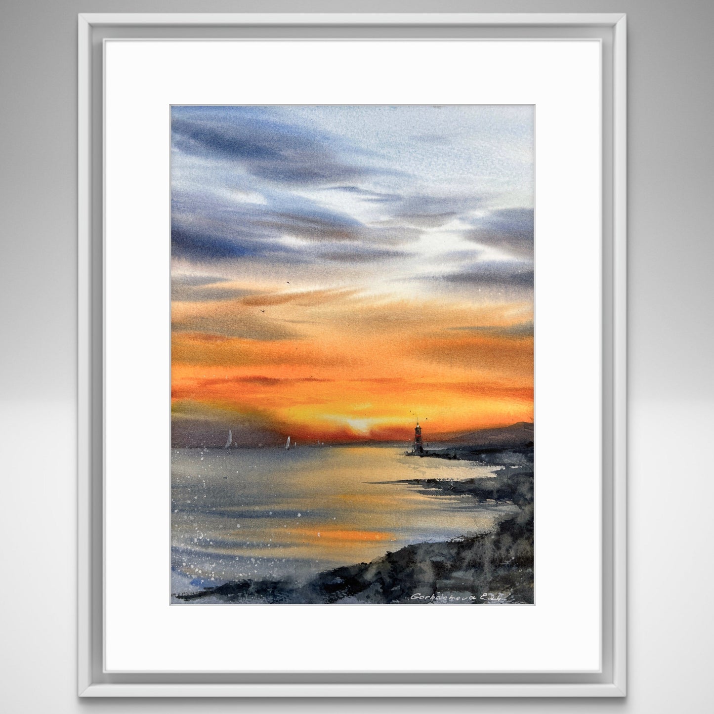 Lighthouse at Sunset #2 Watercolor Painting - Nautical Wall Art