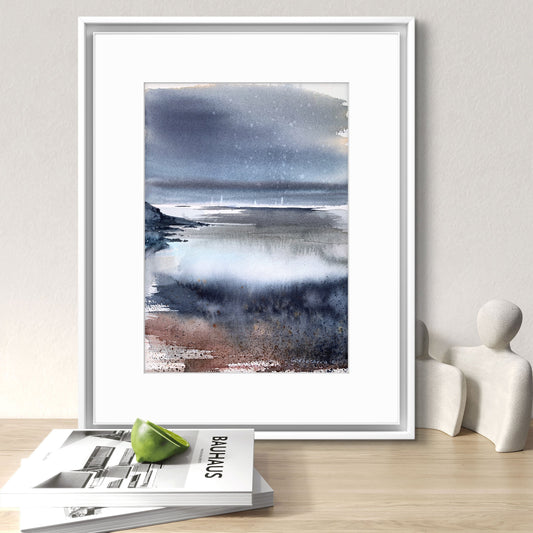Abstract Seascape Painting Original Watercolor, Nordic Sea Waves, Ocean Storm Wall Art, Modern room Wall Decor, Gift