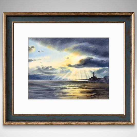 Watercolor Ocean Painting Lighthouse Original Art, Lighthouse in the sun 12x16