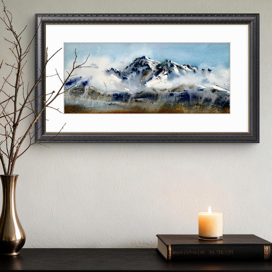 Snowy Mountains Painting Watercolor Original - Mountainscape #2 - 10 x 22 in