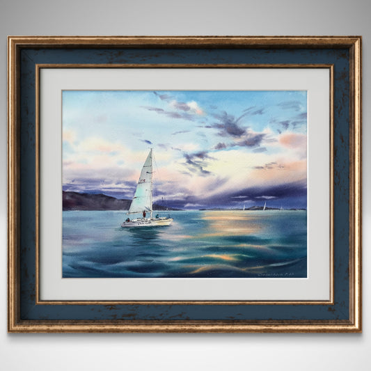 Original Sailboat Watercolor Painting, Ocean Sunset Art, Yacht in the sea at sunset #6 12x16