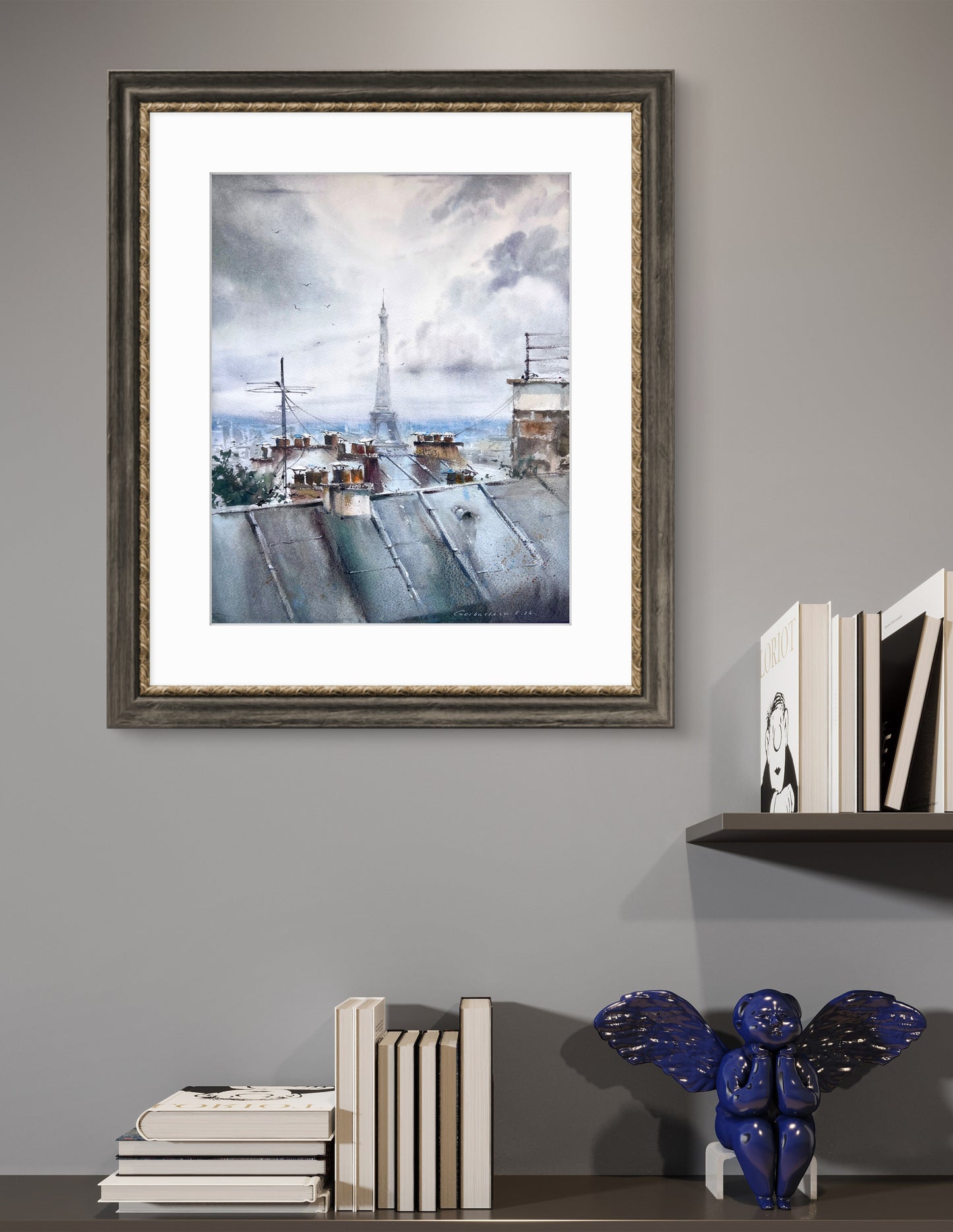 Paris Eiffel Tower Watercolor Painting, A Rainy Day in Paris 12x15