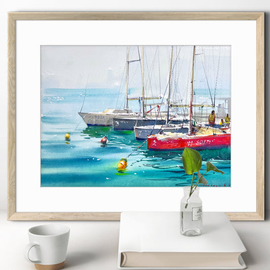 Coastal Sailboats Watercolor Painting, Seascape Marina Art, Boats on Blue Silence 11x15