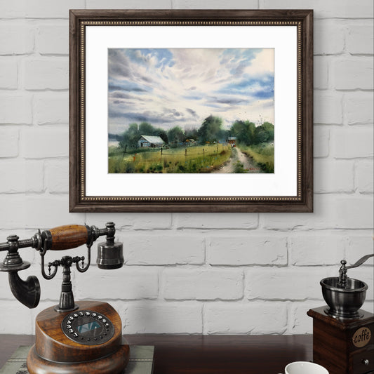 Cloudy Farm Watercolor Painting, Clouds over the farm 12x16