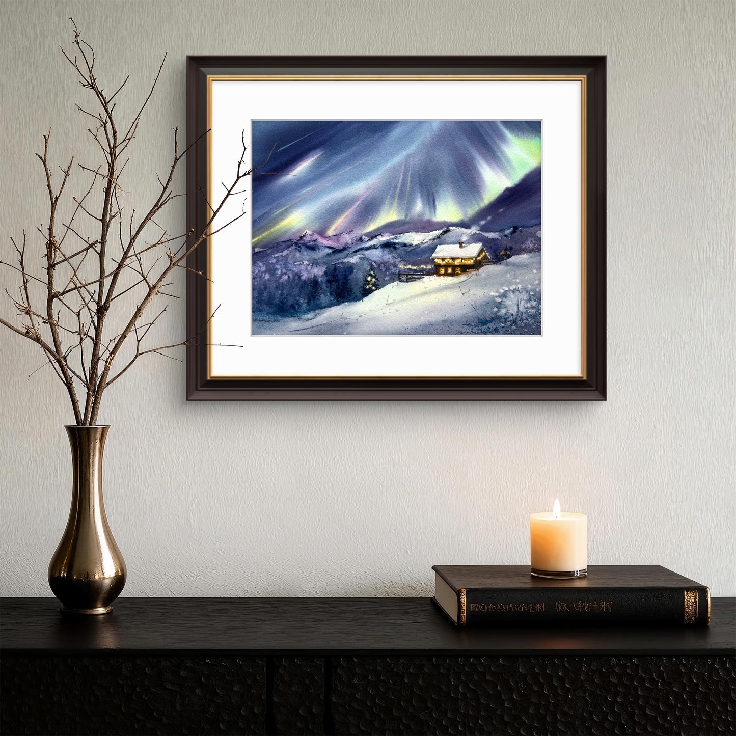Christmas Story #3- Watercolor Painting - House in Mountains & Northern Lights - 11x15 in