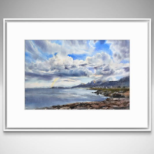 Sea Coast Painting 22x15 in, Original Watercolour, Rainbow Artwork, Blue Sky Art, Beach Home Wall Decor, Clouds, Gift