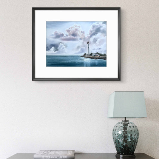 Lighthouse Original Painting, Nautical Watercolor Artwork, Coastal Wall Art Decor, Lighthouse and Clouds 12x16