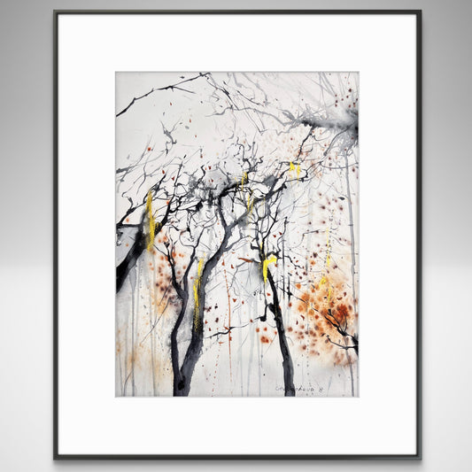 Abstract Tree Painting, Original Watercolor Artwork, Fall Forest, Modern Wall Art, Burnt Orange, Black, Unique Gift