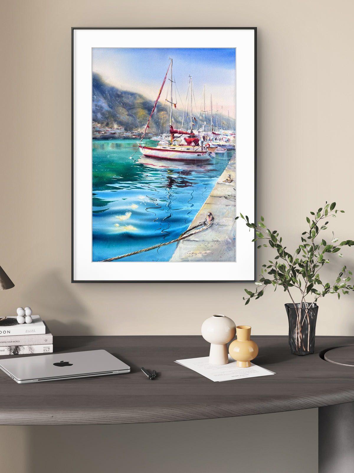 Sailboat Watercolor Painting, Coastal Marina Artwork, Waiting for the Wind #2 15x22 (Copy)