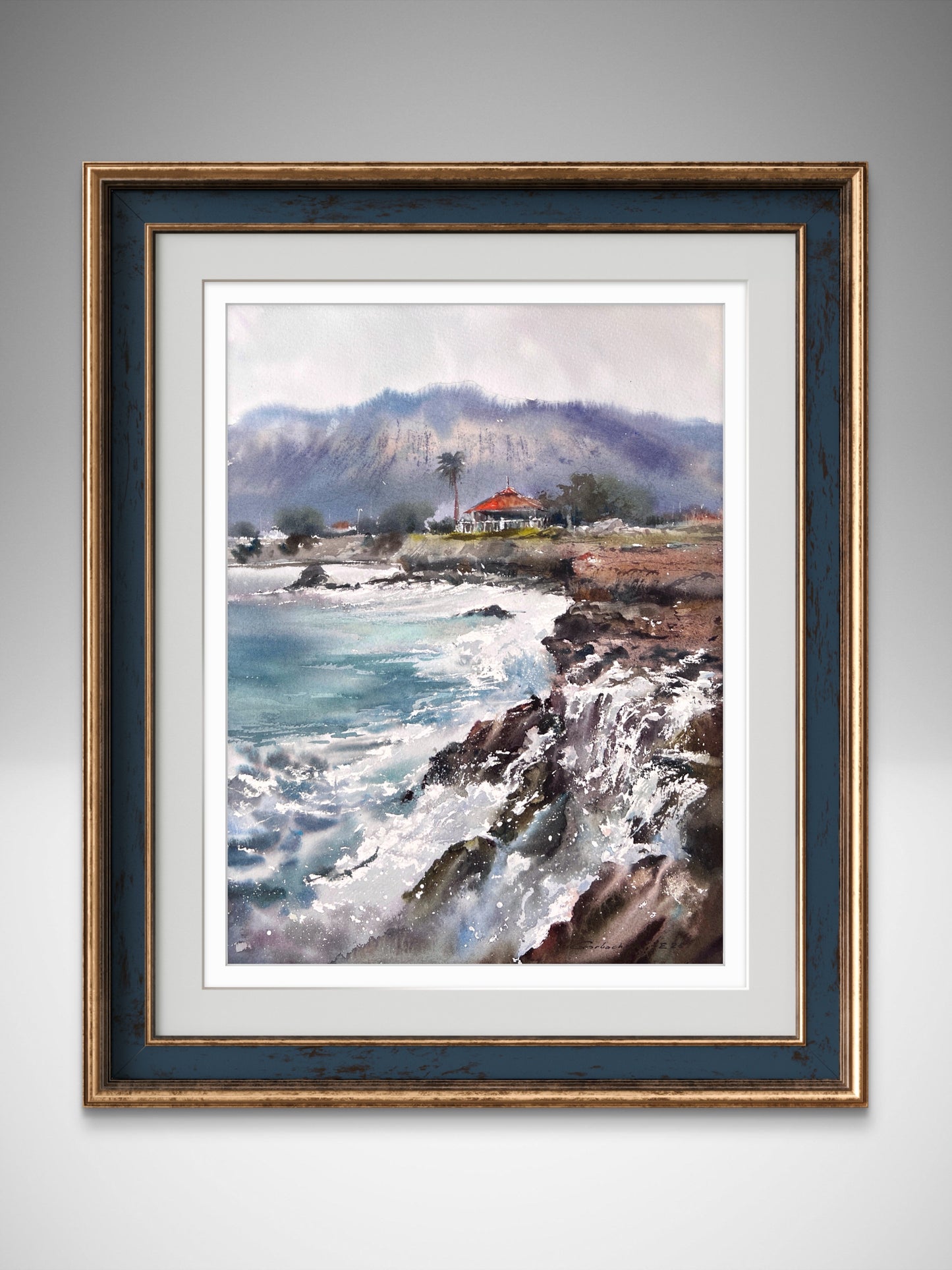 Cyprus Watercolor Painting, Coastal Seascape Art, House on the coast of Cyprus #2 12x16