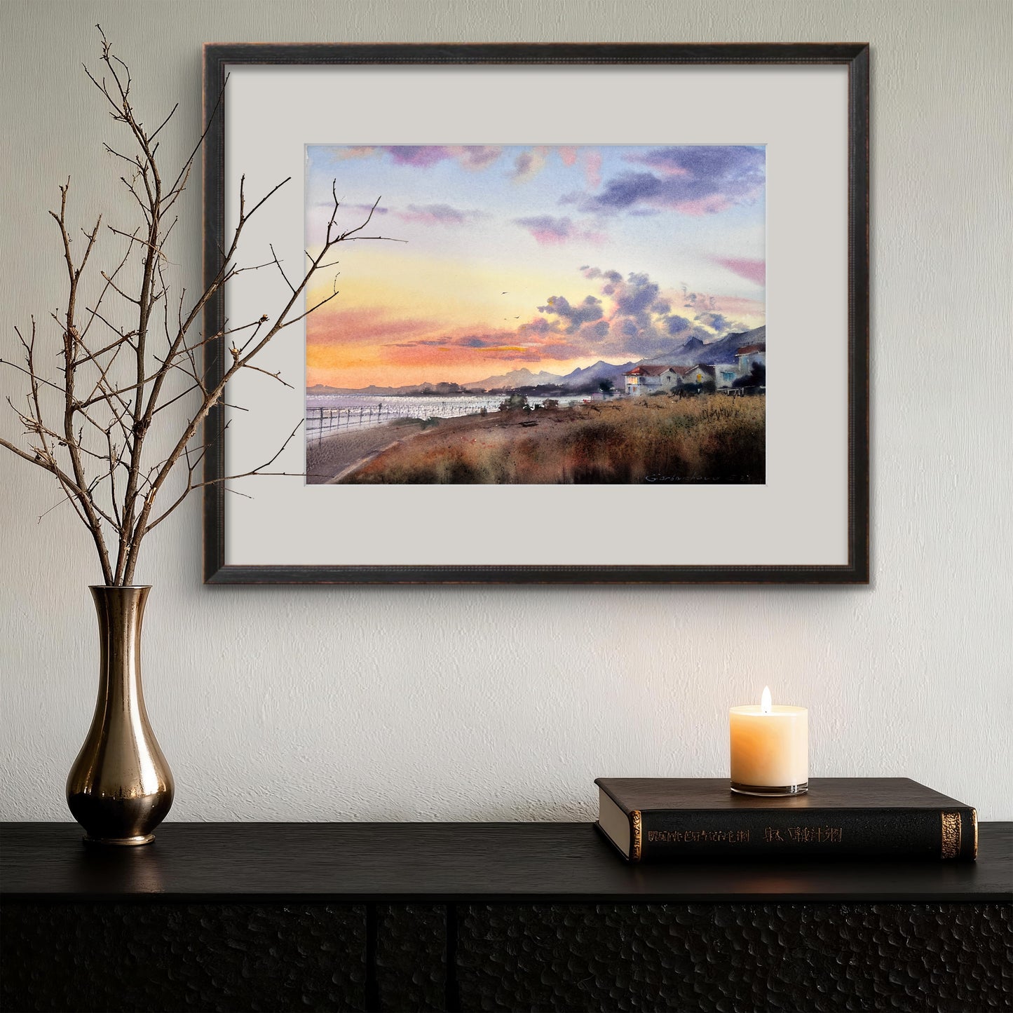 Cyprus Watercolor Painting, Coastal Village Art, Sunset Landscape, Cyprus in Golden Light 11x14 in