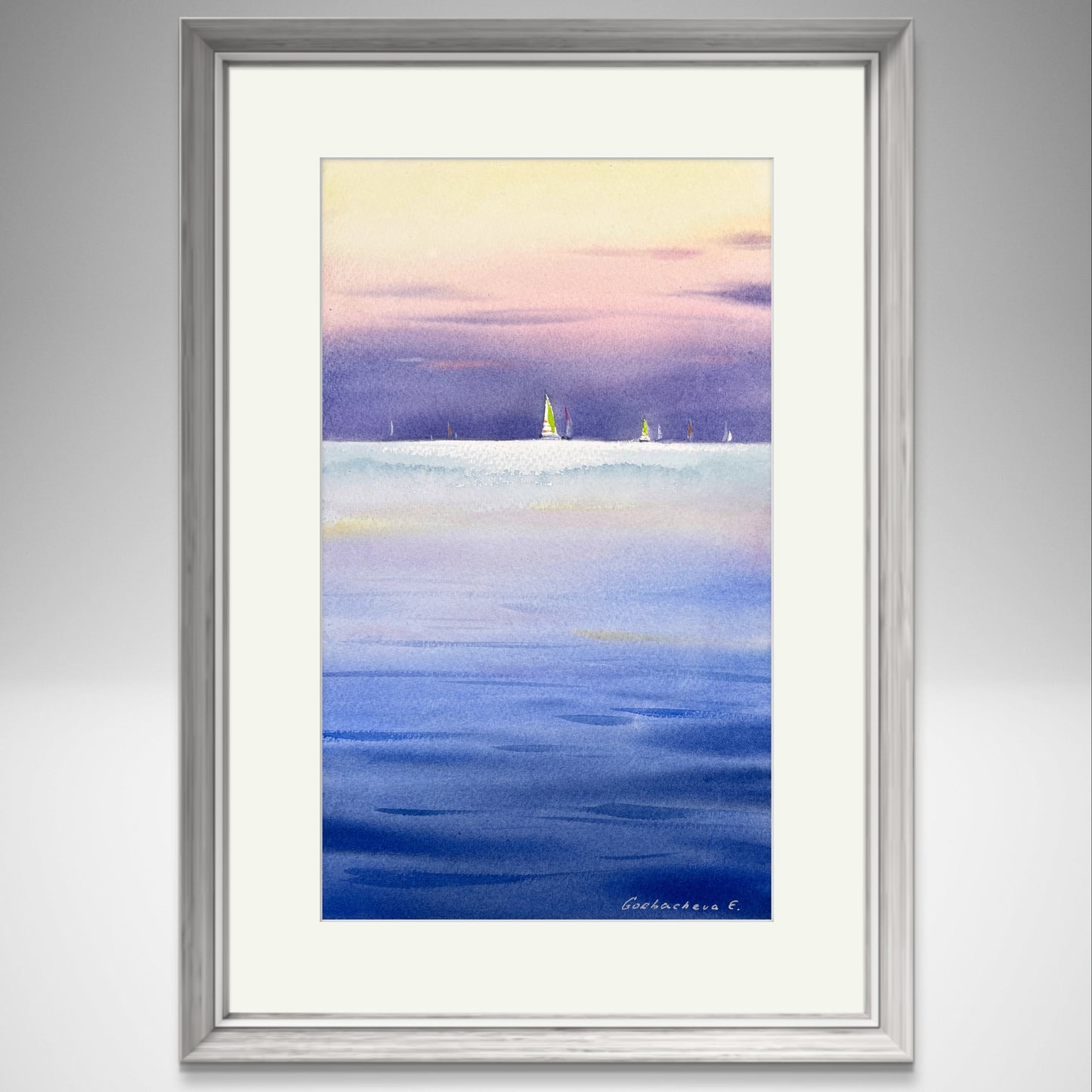 Seascape Watercolor Original Painting - Yachts at sunset #15