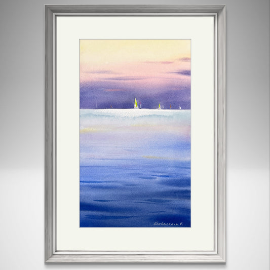 Seascape Watercolor Original Painting - Yachts at sunset #15