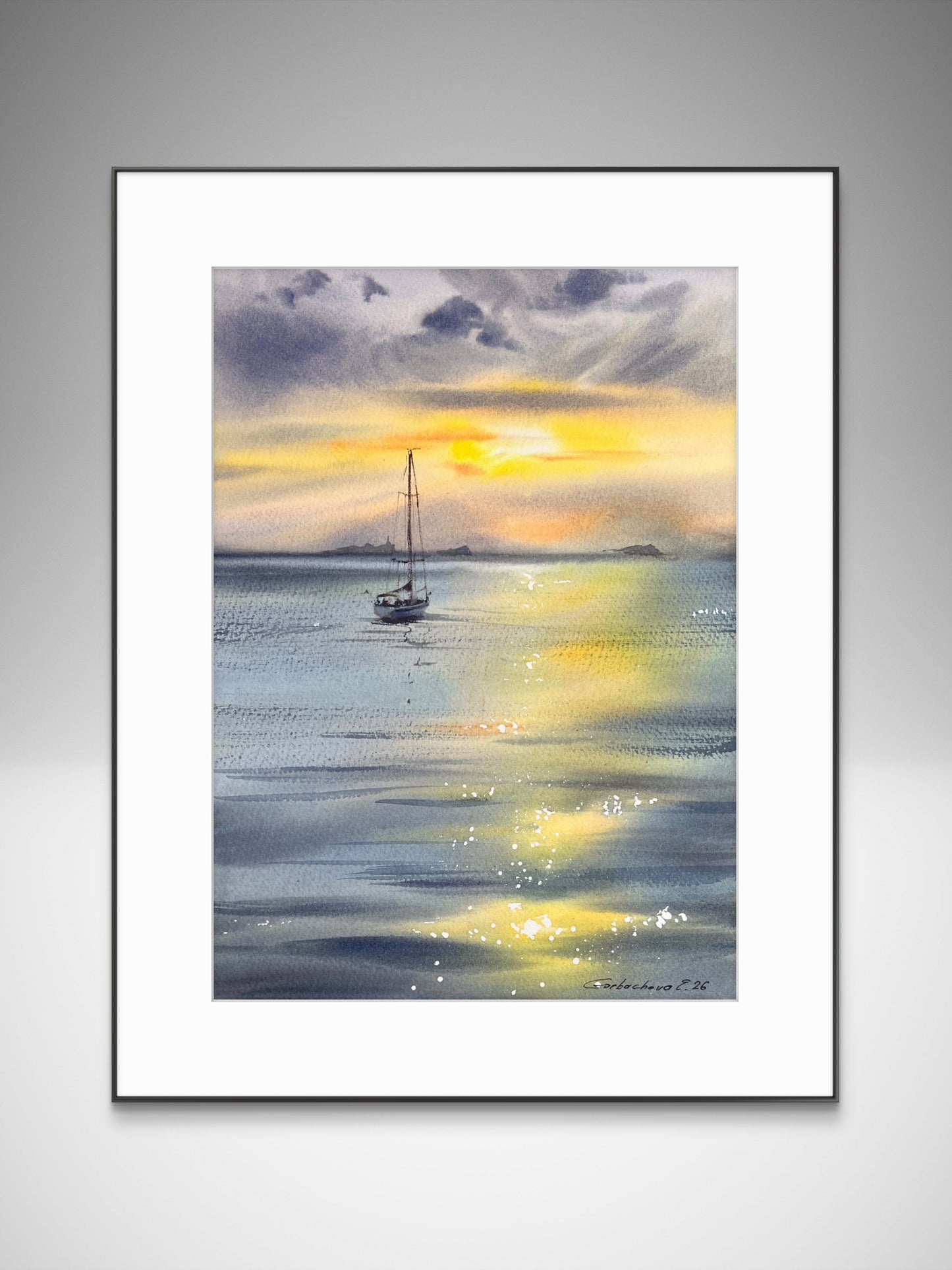 Sunset Sailboat Watercolor, Golden Sea Painting, Yacht in Golden Light 9x12 in