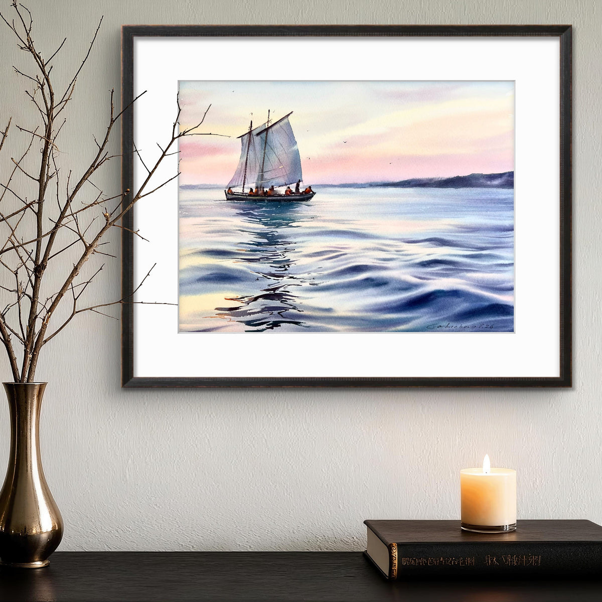 Sailboat Seascape Watercolor Painting, Calm Ocean Art, Quiet Sailing 12x16