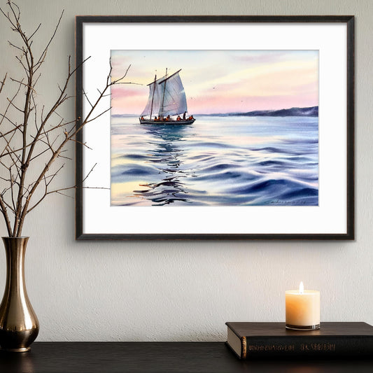 Sailboat Seascape Watercolor Painting, Calm Ocean Art, Quiet Sailing 12x16