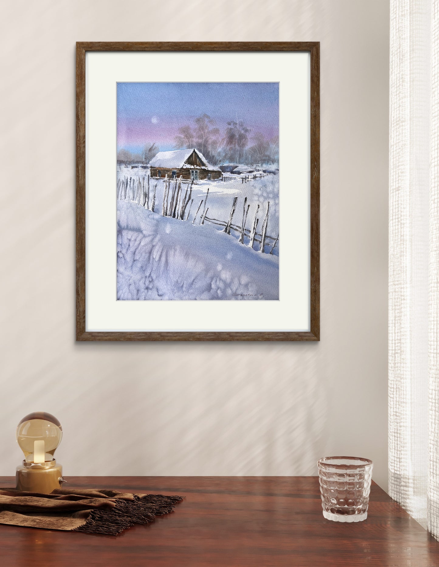 Charming Winter Village Watercolor Painting - Cozy Frosty Morning Landscape Art