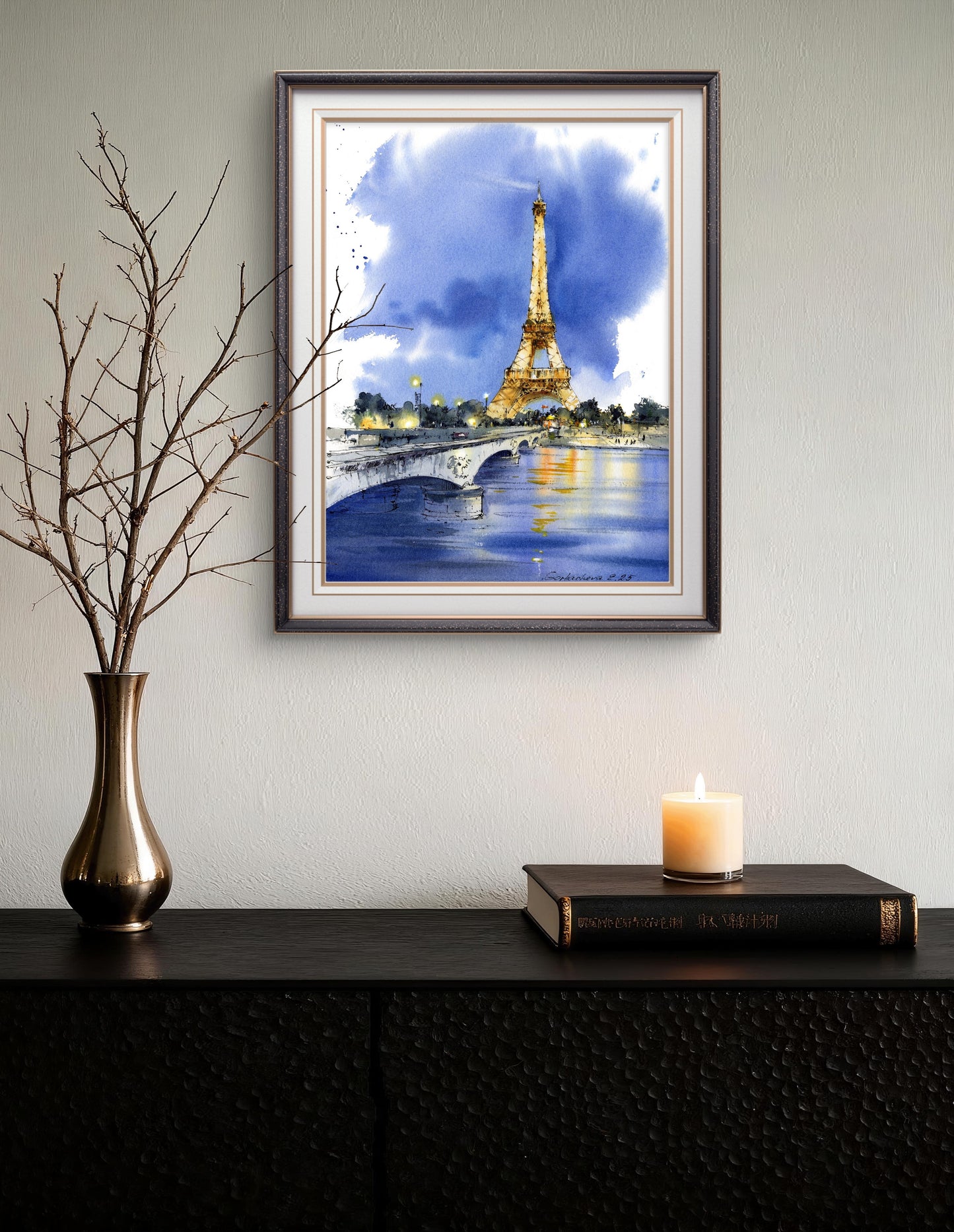 Eiffel Tower Watercolor Painting at Night, Paris Cityscape Art, Paris Lights 9x12 in