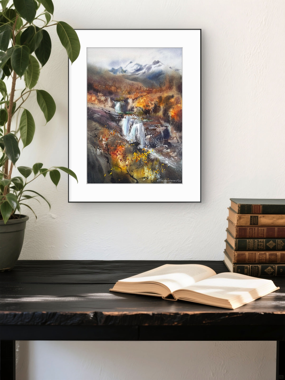 Autumn Waterfall Painting, Mountain Landscape Watercolor, The Golden Silence 9x13 in
