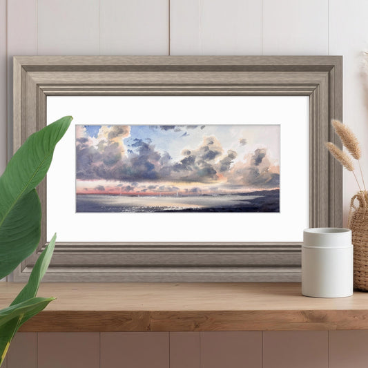 Watercolor Ocean Sunset Art, Dramatic Clouds Sunset Ocean Painting, Yachts at sunset #22 6x13