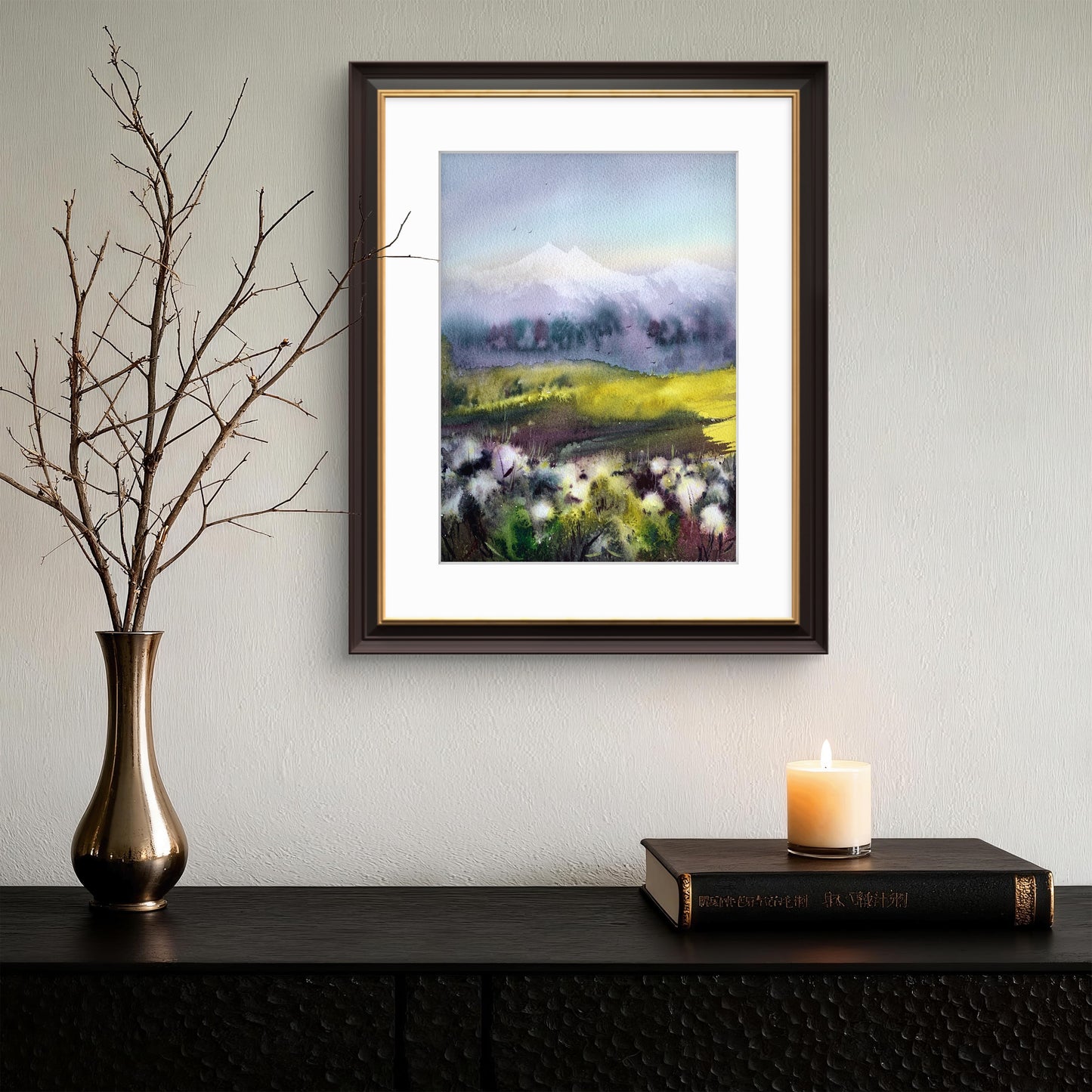 Cotton Field Painting Watercolor Original, Abstract Mountain Landscape, Flowers and Mountains #2 9x12