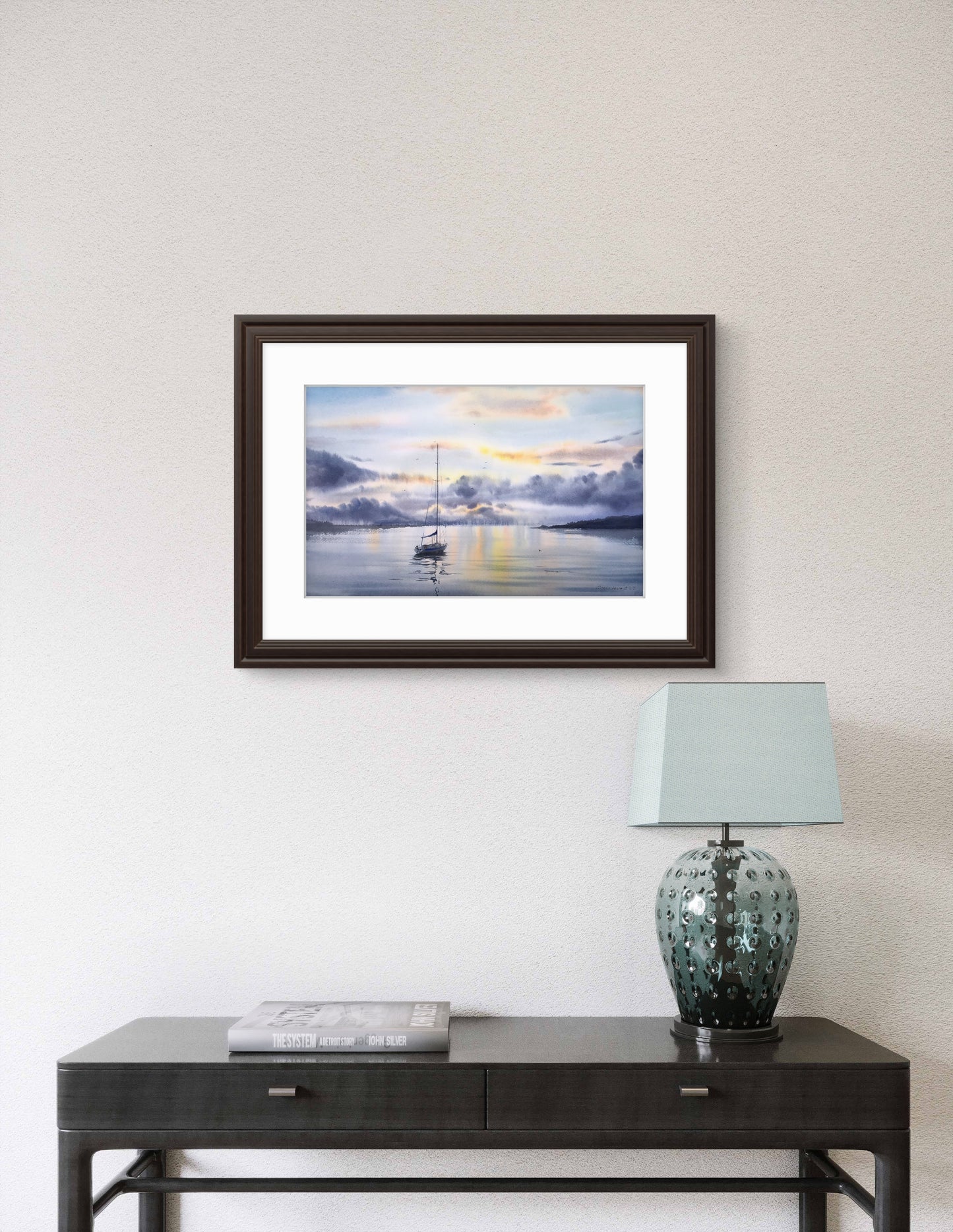 Seascape Painting Watercolor Original - Yachts at sunset #8 - 13x22 in