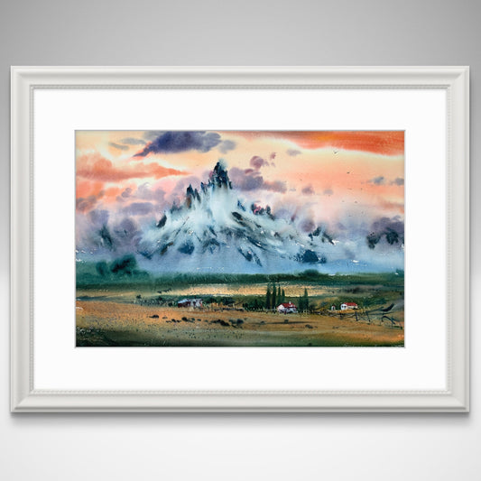 Original Watercolor Mountain Landscape Painting, Sunset Glow Alpenglow Art,Mountainscape with orange sunset 15x22 in
