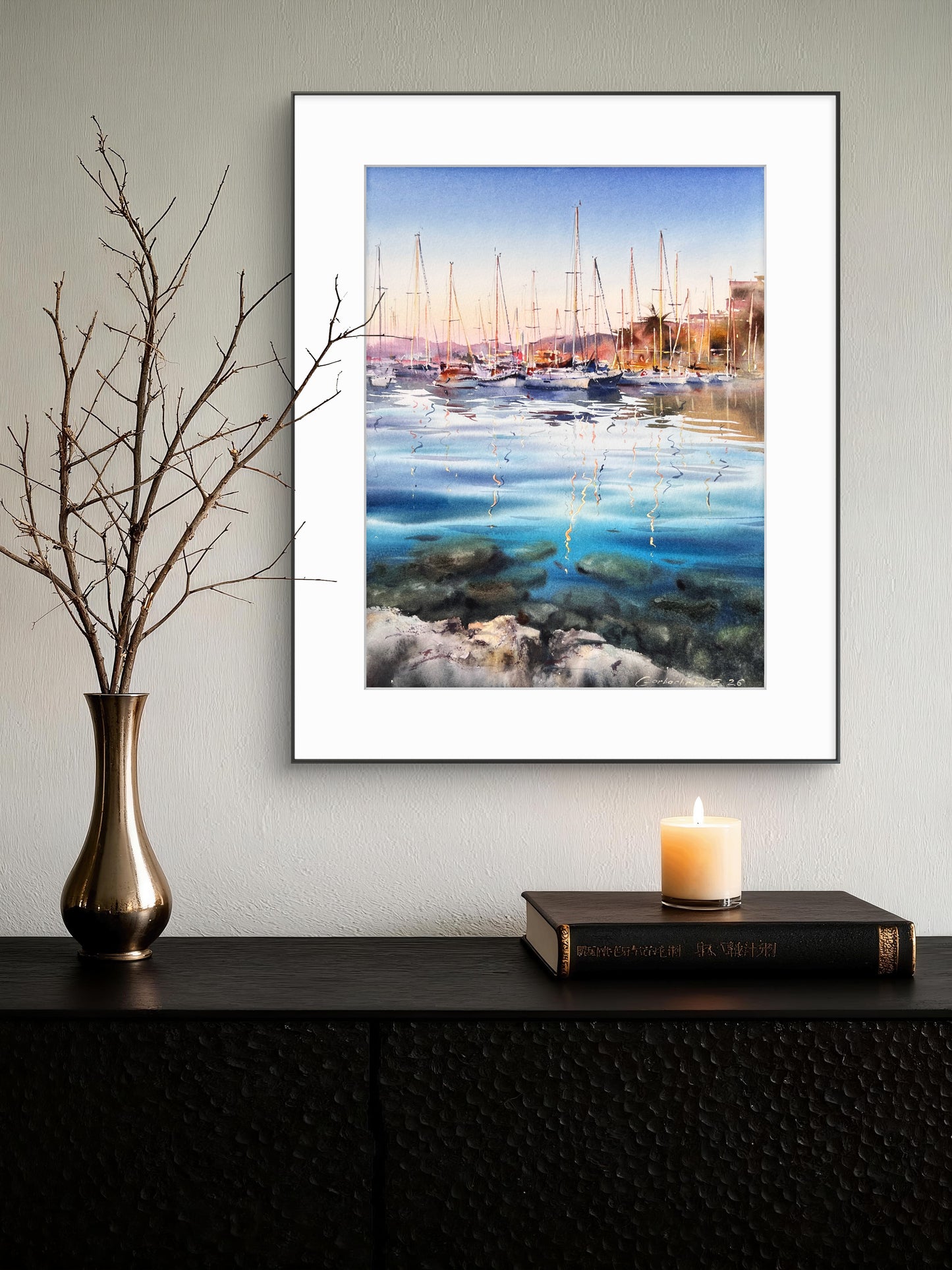 Sailboat Harbor Watercolor, Coastal Marina Painting, The Quiet Marina 12x16 (Copy)