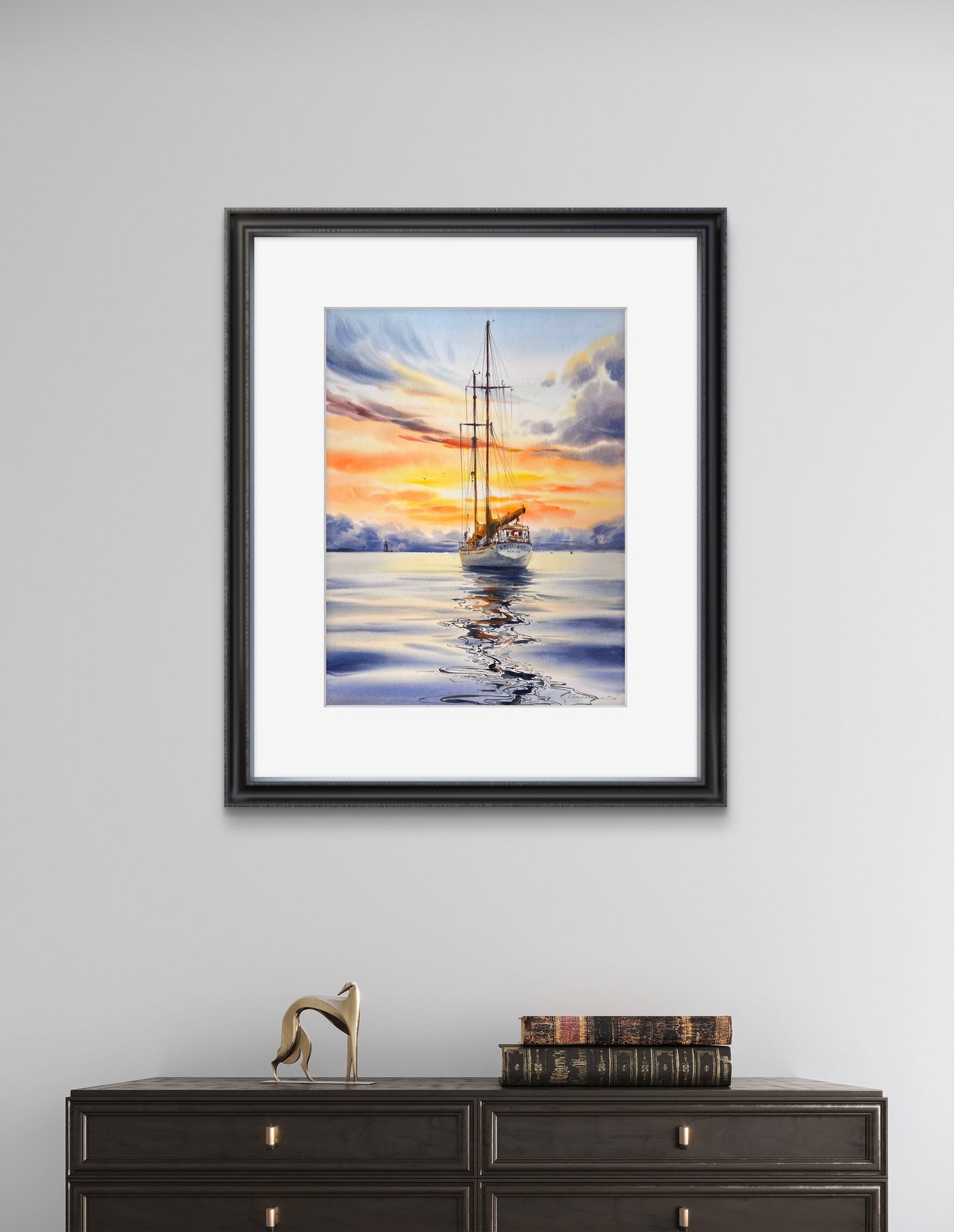 Original Watercolor Painting | Schooner Brilliant at Sunset |Golden hour on a yacht 12x16 in