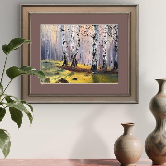Birch Forest Watercolor Painting, Moody Woodland Landscape Art, Birchwood Dreams 12x16