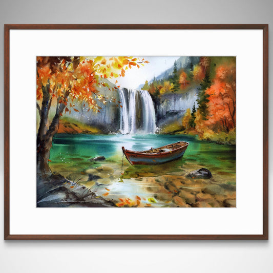Original Waterfall Watercolor Painting, Autumn Landscape Wall Art, Boat Beneath Autumn’s Cascade 12x16 in