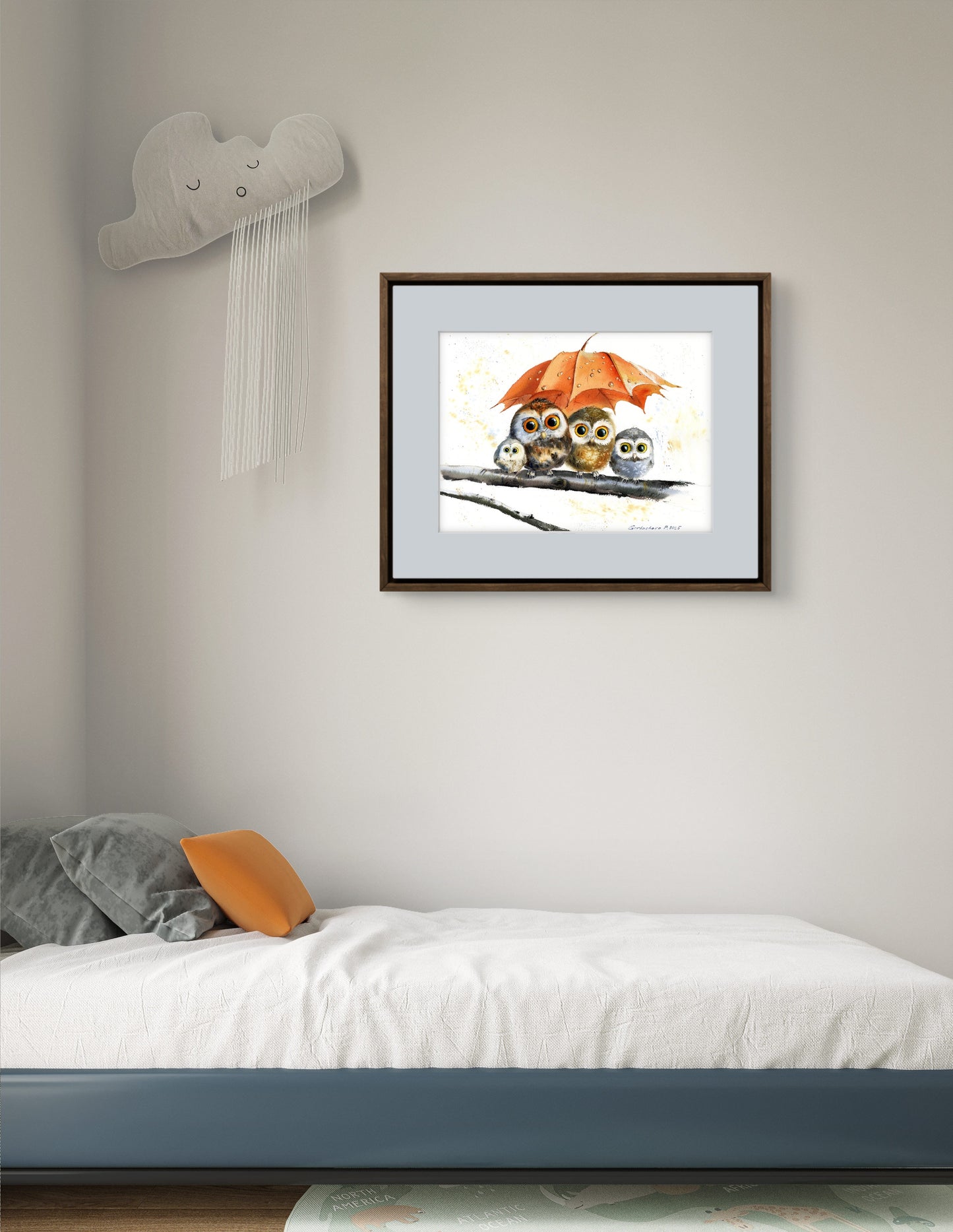 Original Owl Watercolor Painting | Cute Owls Under Autumn Leaf |Owl Umbrella Haven 11x15 in