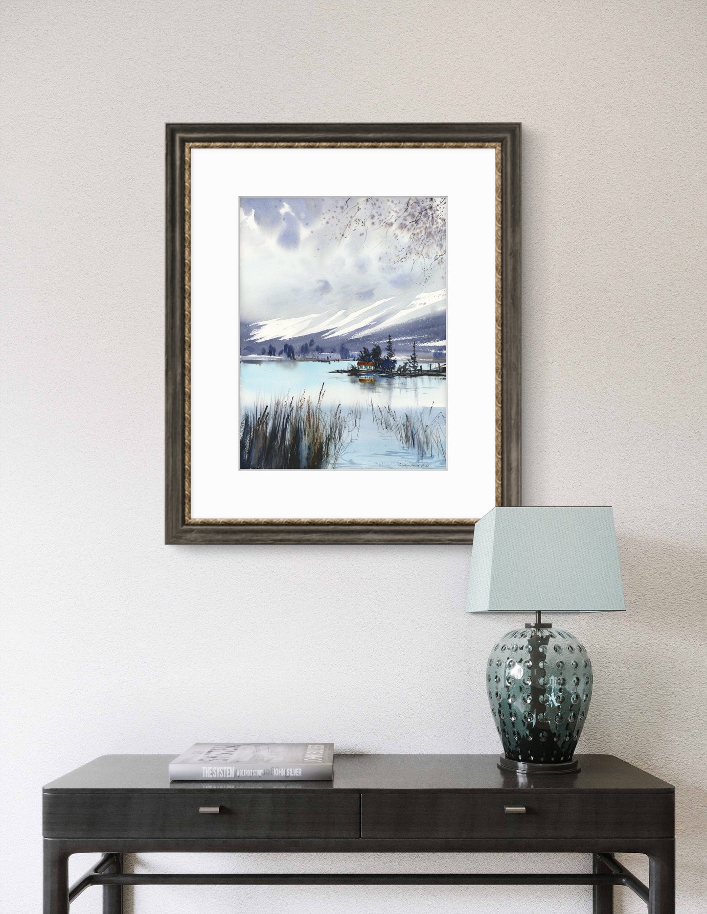 Painting of Mountain Lake House, Original Watercolor Landscape in Autumn, Blue Abstract Art,Mountain Lake #18